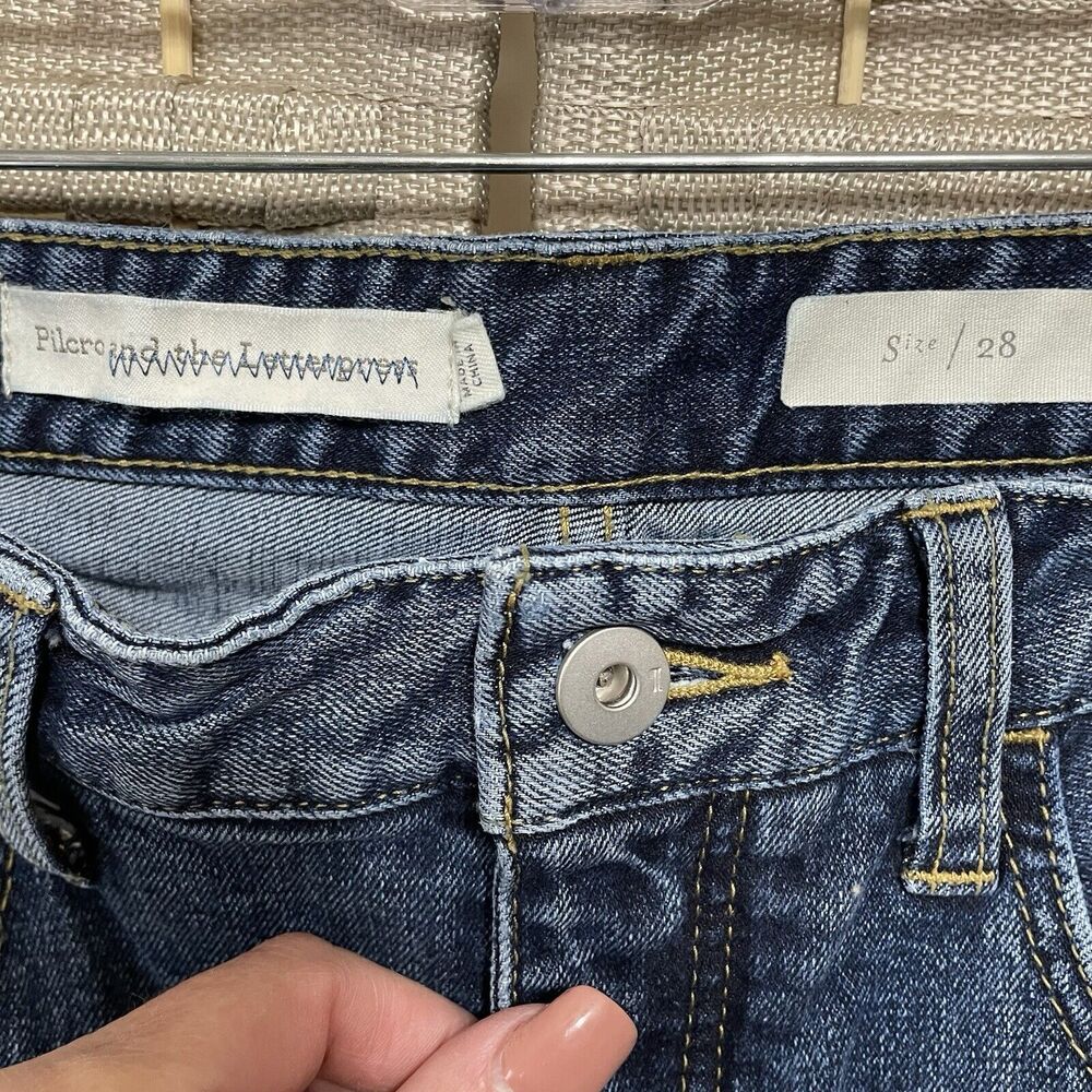 Pilcro Crop Flare Jeans Size 28 Two Tone Blue Denim Raw Hem Button Fly 5 Pocket - Picture 8 of 10